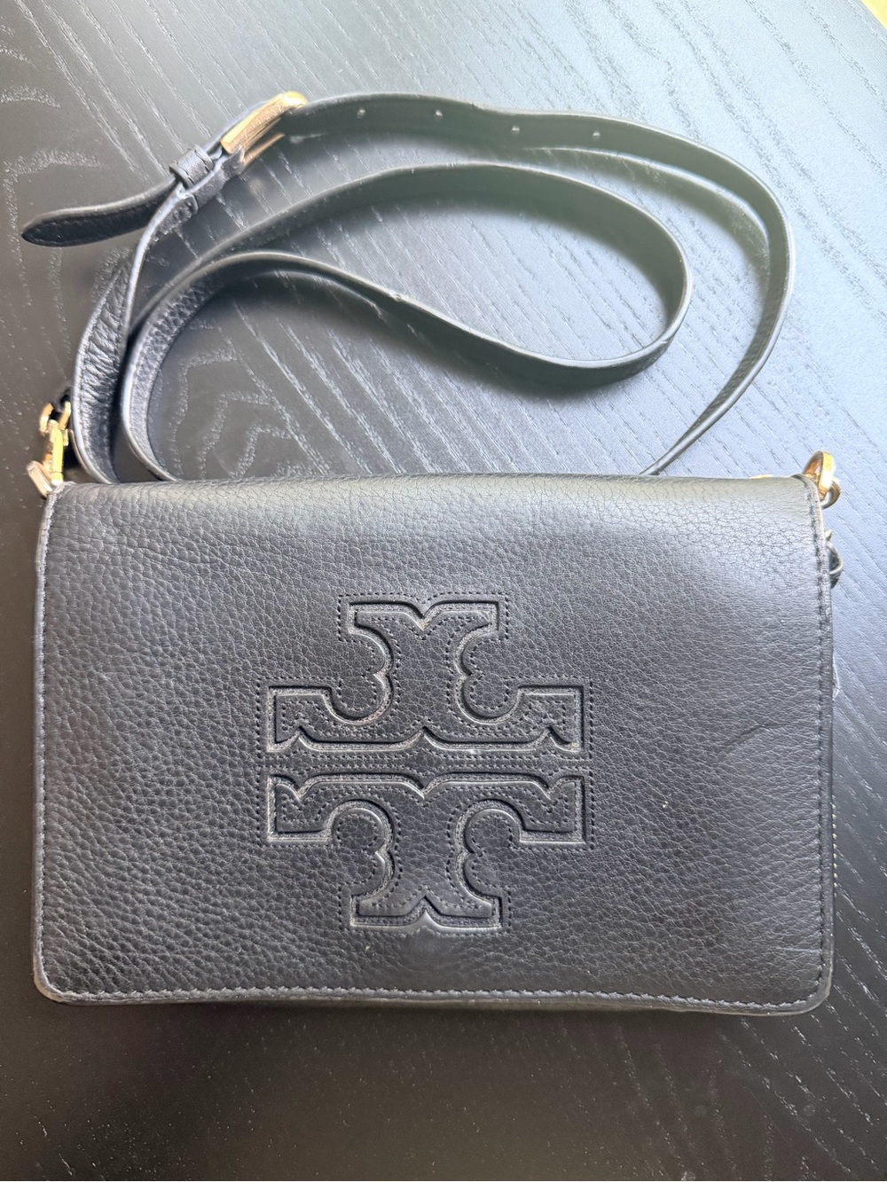 Vintage Tory Burch Black Pebbled Leather Logo Crossbody